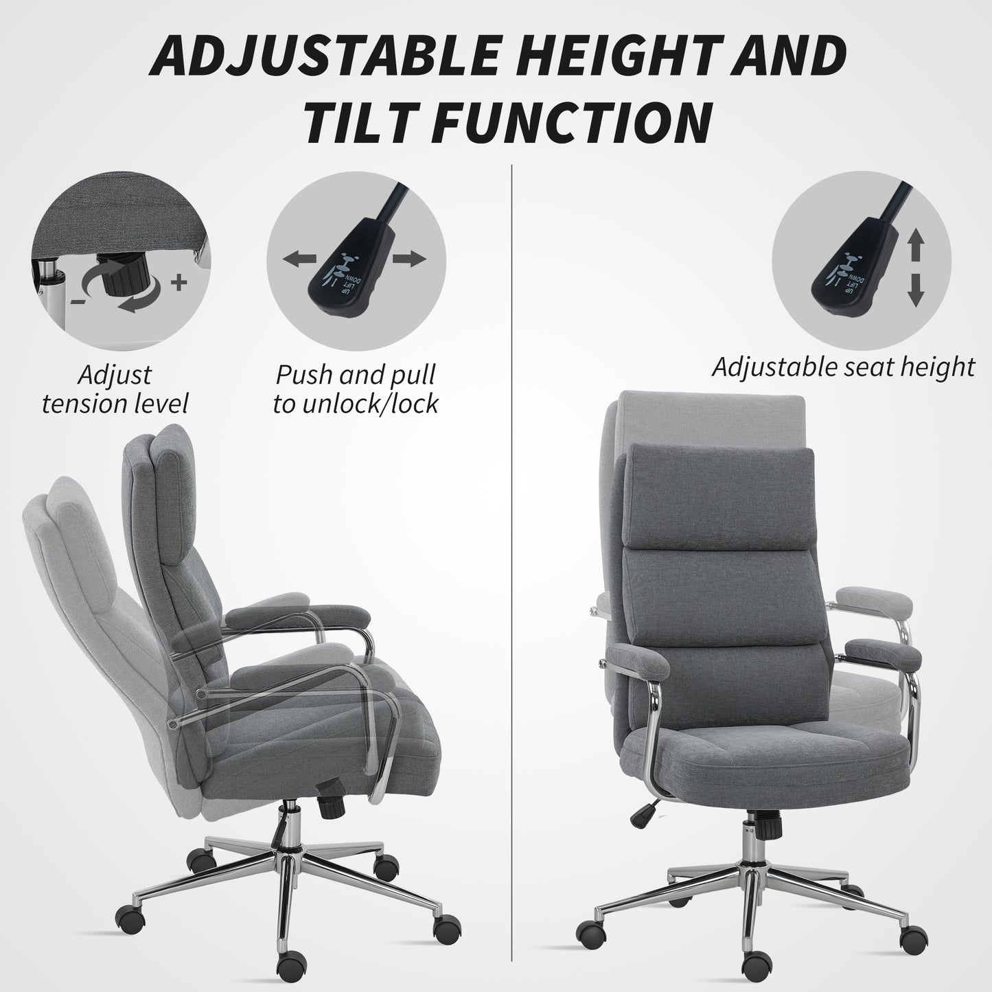 HOMCOM Executive Office Chair, Linen Fabric, Double-Layer Back Cushion, Tilt Function, Height Adjustable for Home Office, Charcoal Grey