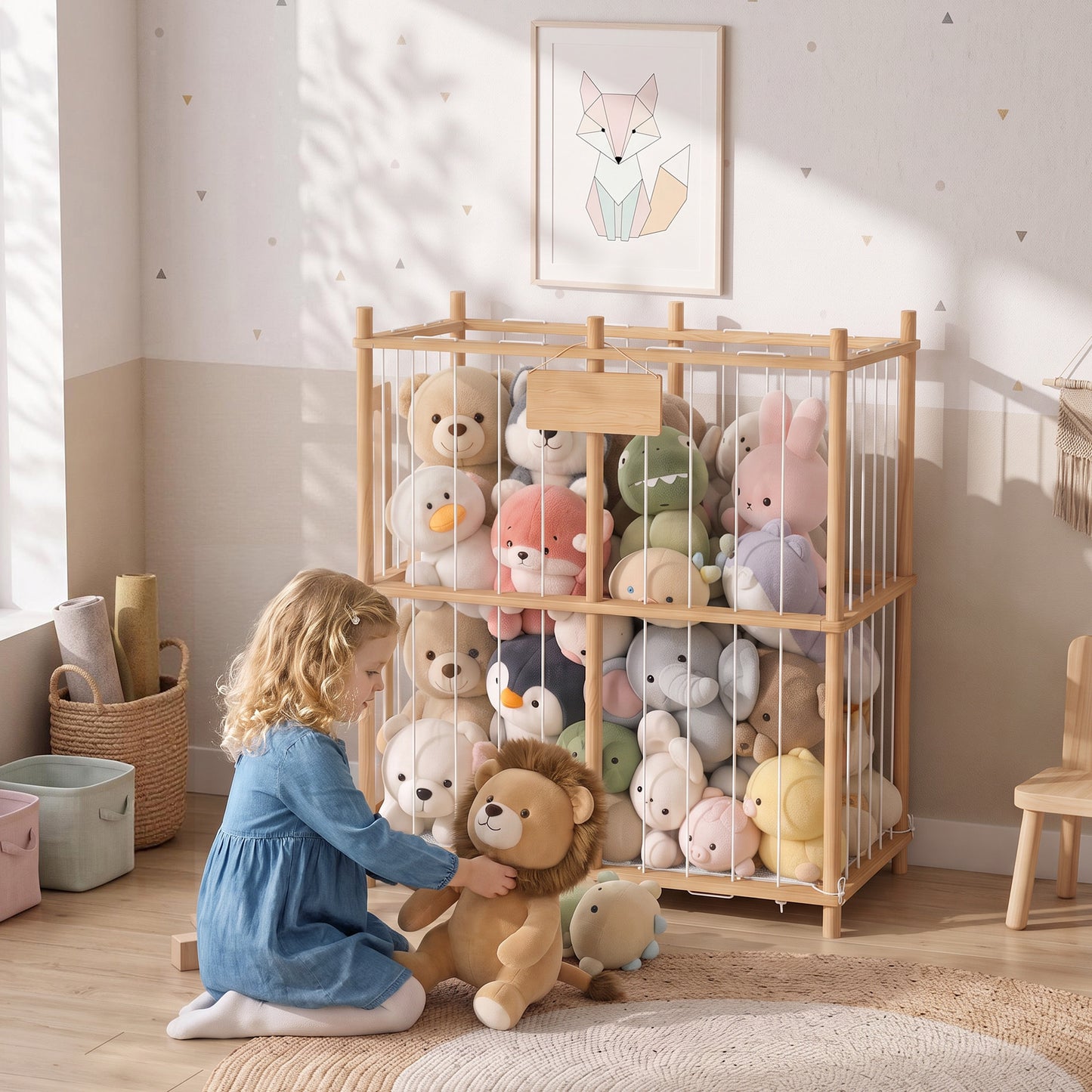 AIYAPLAY Stuffed Animal Storage Organiser, Wooden Storage Zoo with Rounded Corners for Nursery, Kids Room, Playroom, Natural