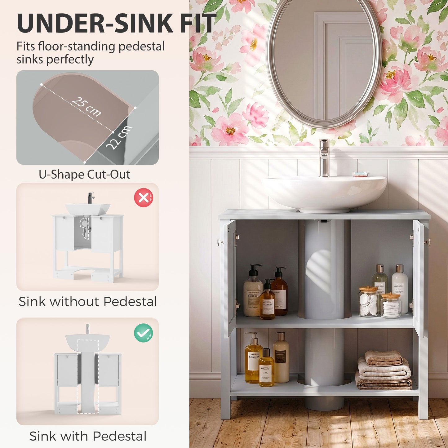 HOMCOM Under Sink Bathroom Cabinet with 2 Doors, Open Shelf and U-Shape Cut-Out for Basin with or without Pedestal, Light Blue