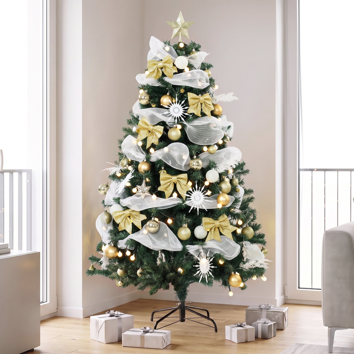 HOMCOM 5ft Pre-Lit Christmas Tree with 150 LED Lights, Artificial Xmas Tree with 8 Lighting Modes, 450 Tips, Remote, Green