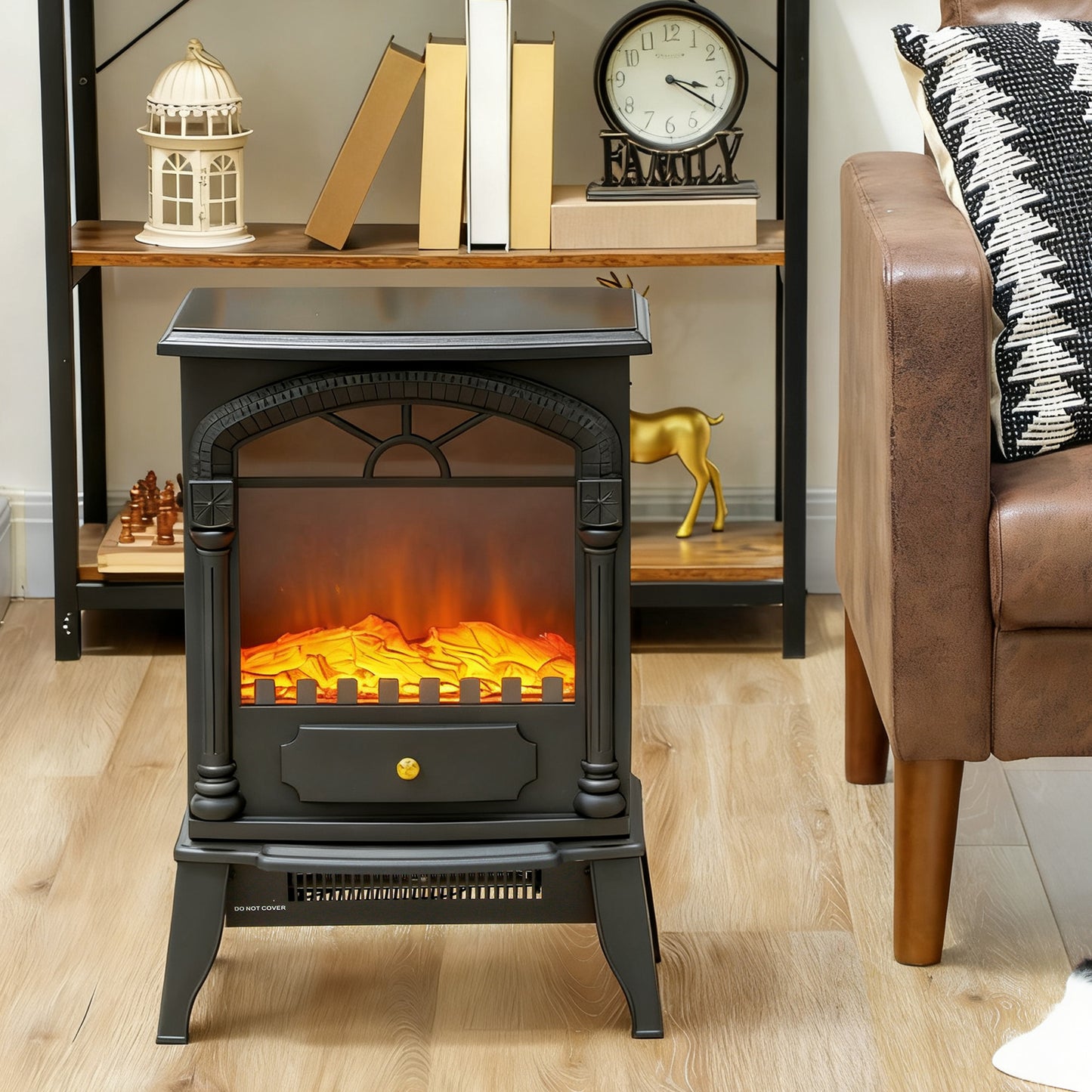 HOMCOM Electric Fireplace Stove Heater, 2000W/1000W, with 3D Flame Effect, Adjustable Thermostat, 2 Heat Settings, Freestanding, Black