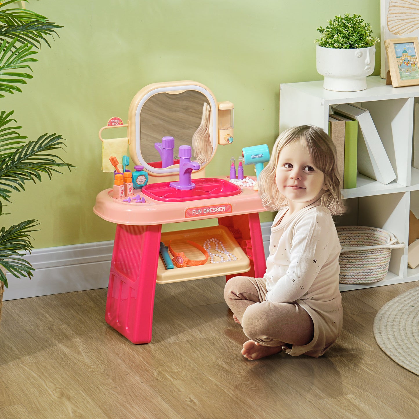 AIYAPLAY Kids Dressing Table with Mirror, LED Light, 23 Accessories, Pink