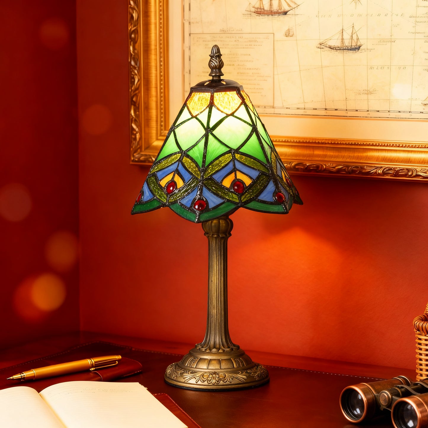 HOMCOM Tiffany-Style Table Lamp, Handcrafted Antique Stained Glass, Geometric Patterns, E27 Socket, for Living Room/Bedroom, Green