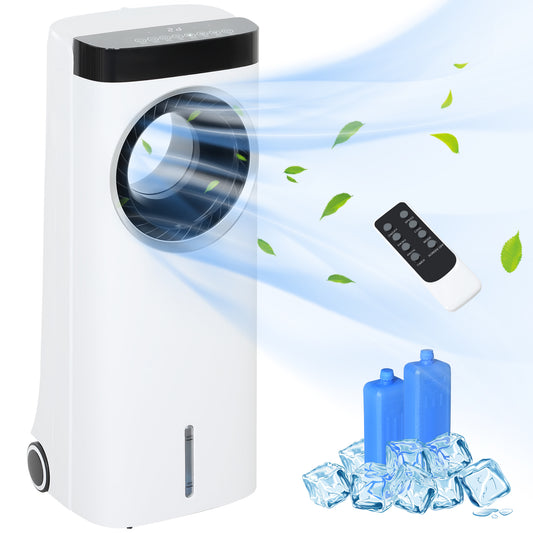 HOMCOM Evaporative Air Cooler, 6.5L 4-in-1 Bladeless Portable Cooler, Fan, Humidifier, Air Cleaner, with Remote & Wheels for Home Office, White