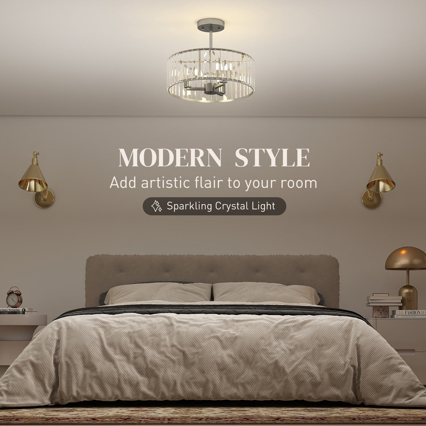 HOMCOM Crystal Ceiling Light Fixture, Semi Flush Mount Modern Chandelier for Living Room, Bedroom, Hallway, Dining Room, E14 Base 3-Lights, Silver Tone