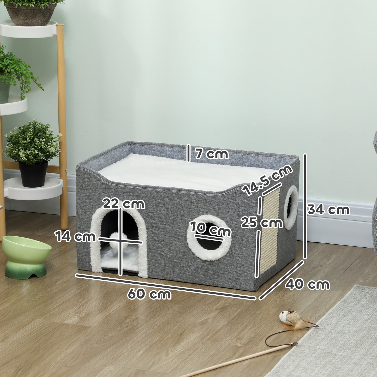 PawHut Cat Bed for Indoor Pets, Foldable Cat House with Fluffy Ball and Scratch Pad for Small and Medium Pets, Grey