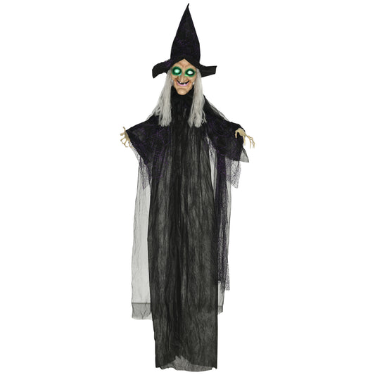 HOMCOM 6ft Outdoor Halloween Witch Prop, Life-Size with Sound & Motion Activation, Light-Up Eyes, Talking Sound, Posable Arms, Black