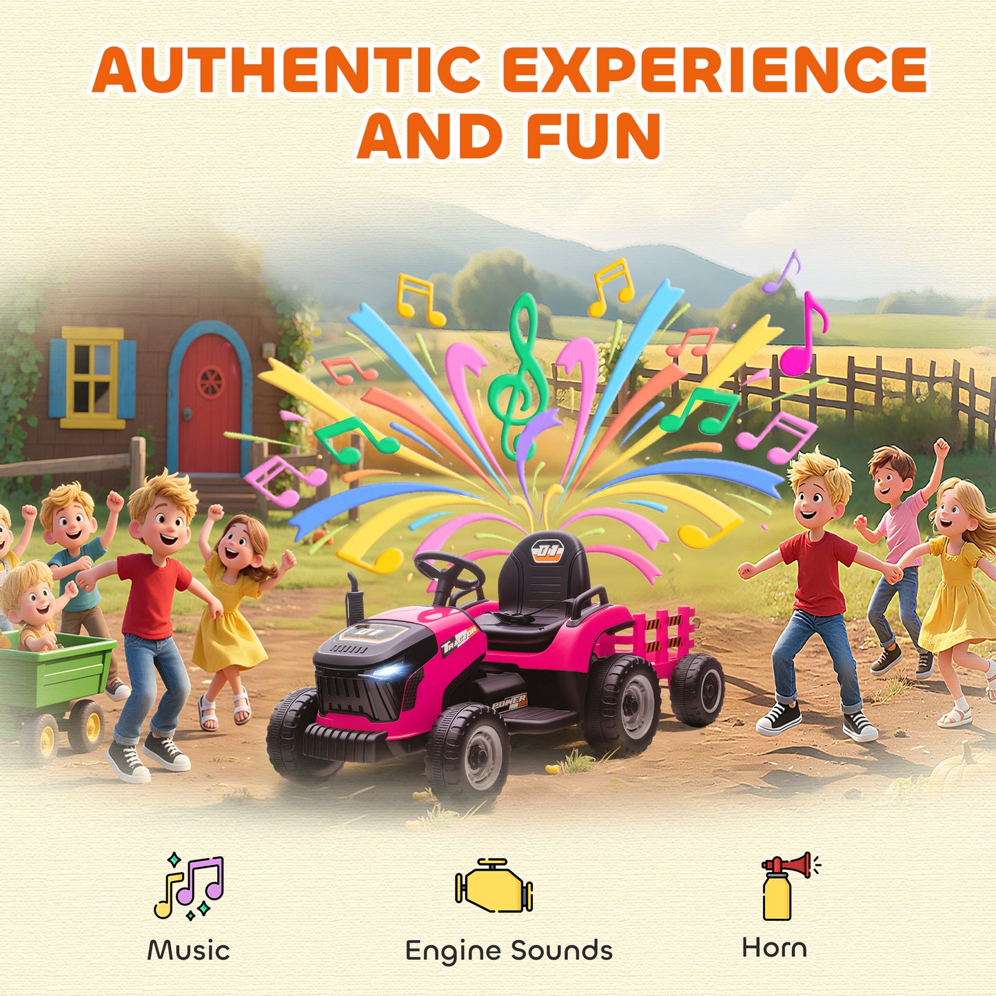 AIYAPLAY 12V Ride on Tractor and Trailer with Remote Control, Music, Shifter, Start-Up Sound, for Kids Ages 3-8 Years, Pink