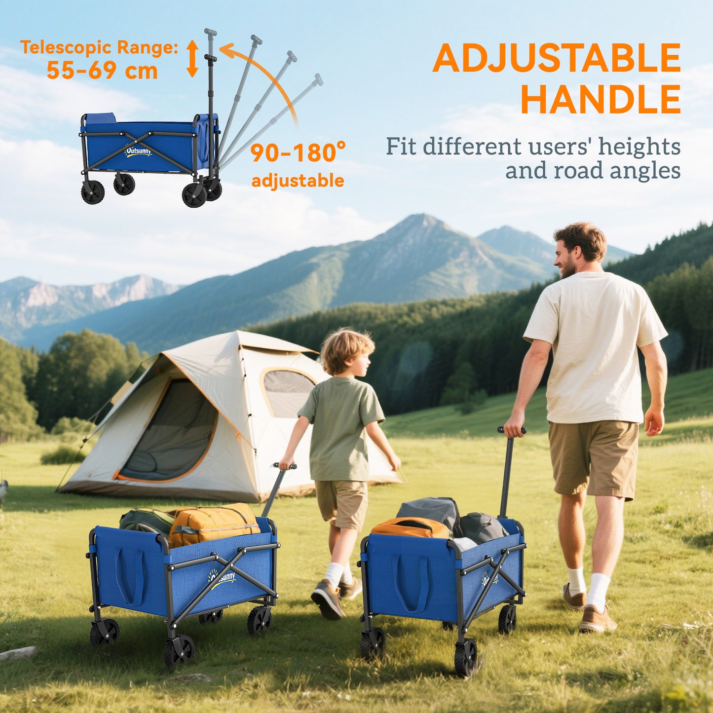 Outsunny 41L Festival Trolley on Wheels, 60kg Heavy Duty Collapsible Folding Cart, Adjustable Handle, Carrying Bag, Blue