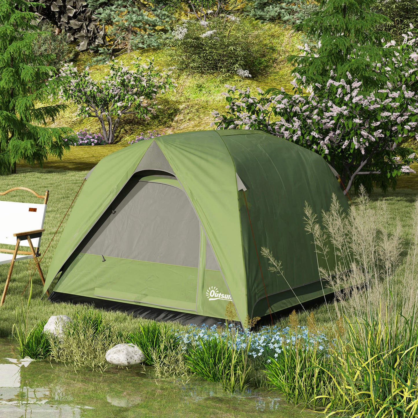 Outsunny 3-4 Person Camping Tent, Easy Set Up, Waterproof Dome, Sewn-in Groundsheet, Mesh Windows, Pocket & Hook for Camping, Olive Green/Grey
