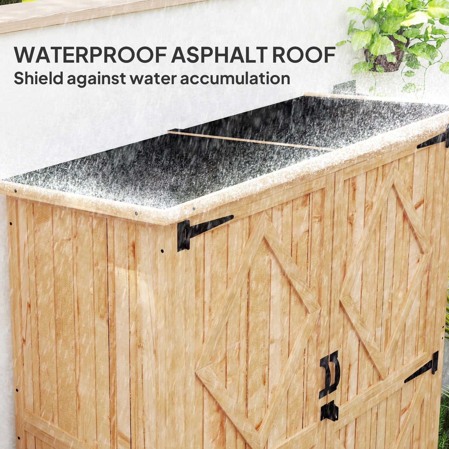 Outsunny Wooden Garden Storage Shed, Tool Cabinet with Asphalt Roof & 2 Shelves for Tools, Equipment, Double Doors, Natural