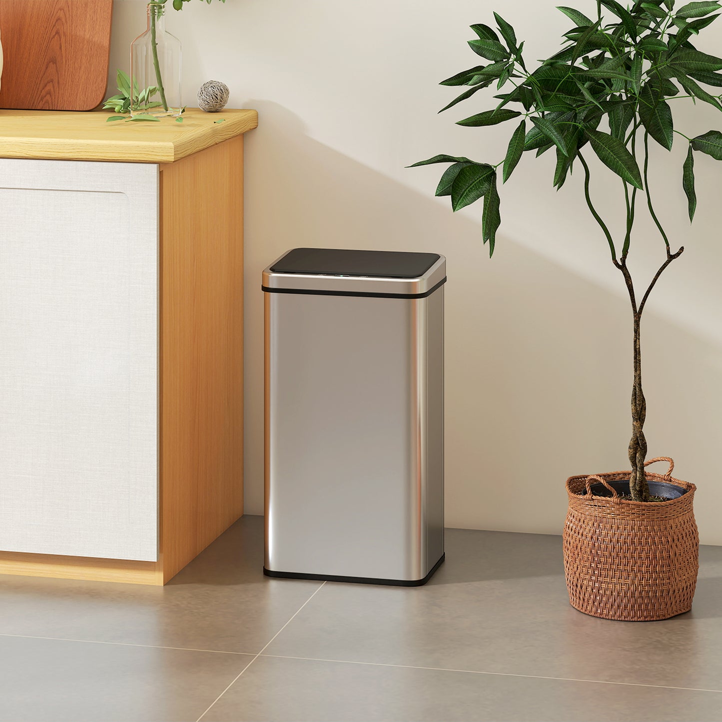 HOMCOM 50L Sensor Bin with Quiet Soft-Close Lid, Automatic Touchless Motion, Fingerprint Resistant Stainless Steel, Silver Tone