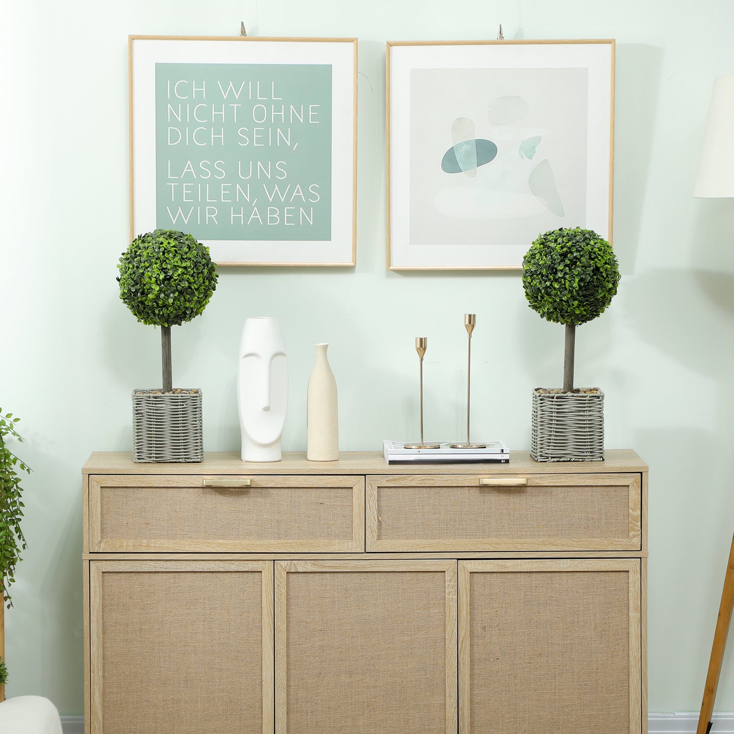 HOMCOM Set of 2 Artificial Plants, 50cm Faux Boxwood Topiary Balls in Woven Plastic Pots with Pebbles, Fake Decor for Home/Office, Green