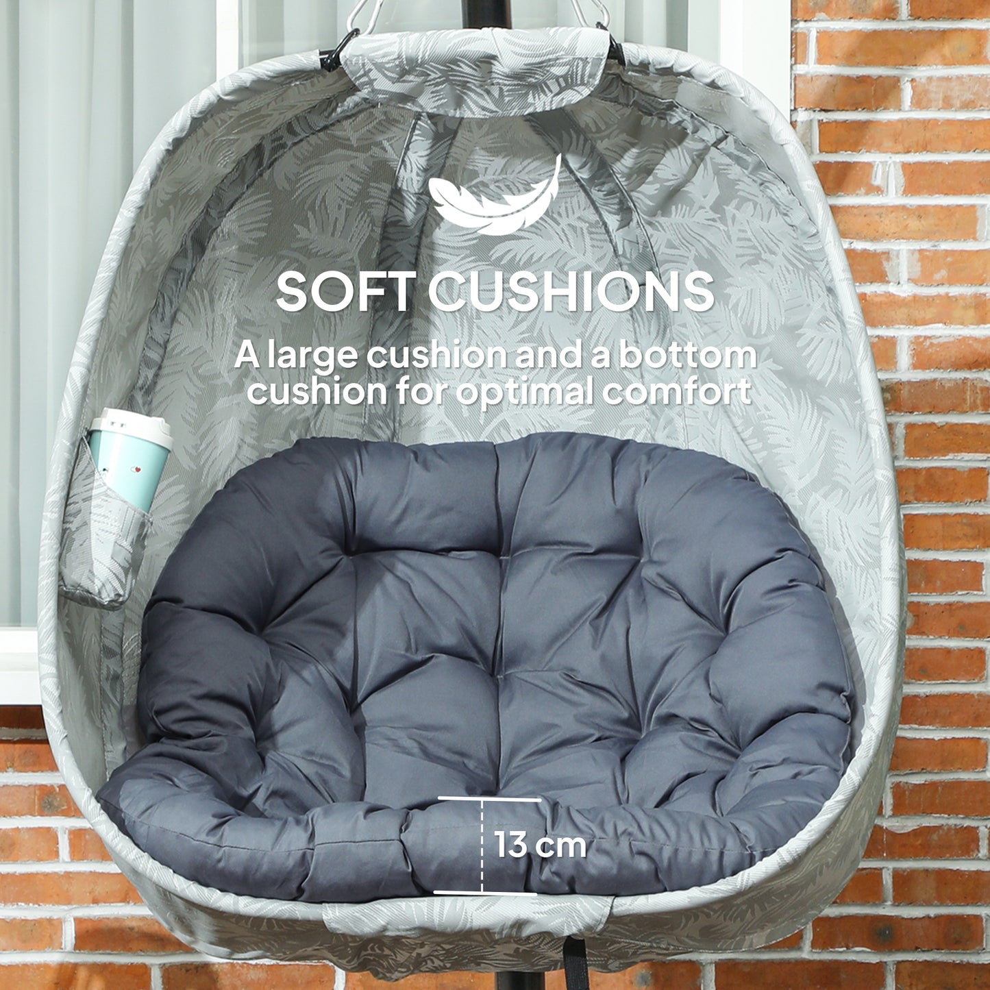 Outsunny Hanging Egg Chair: Outdoor/Indoor, Folding Basket, Stand, Thick Cushion, Cup Holder, Grey