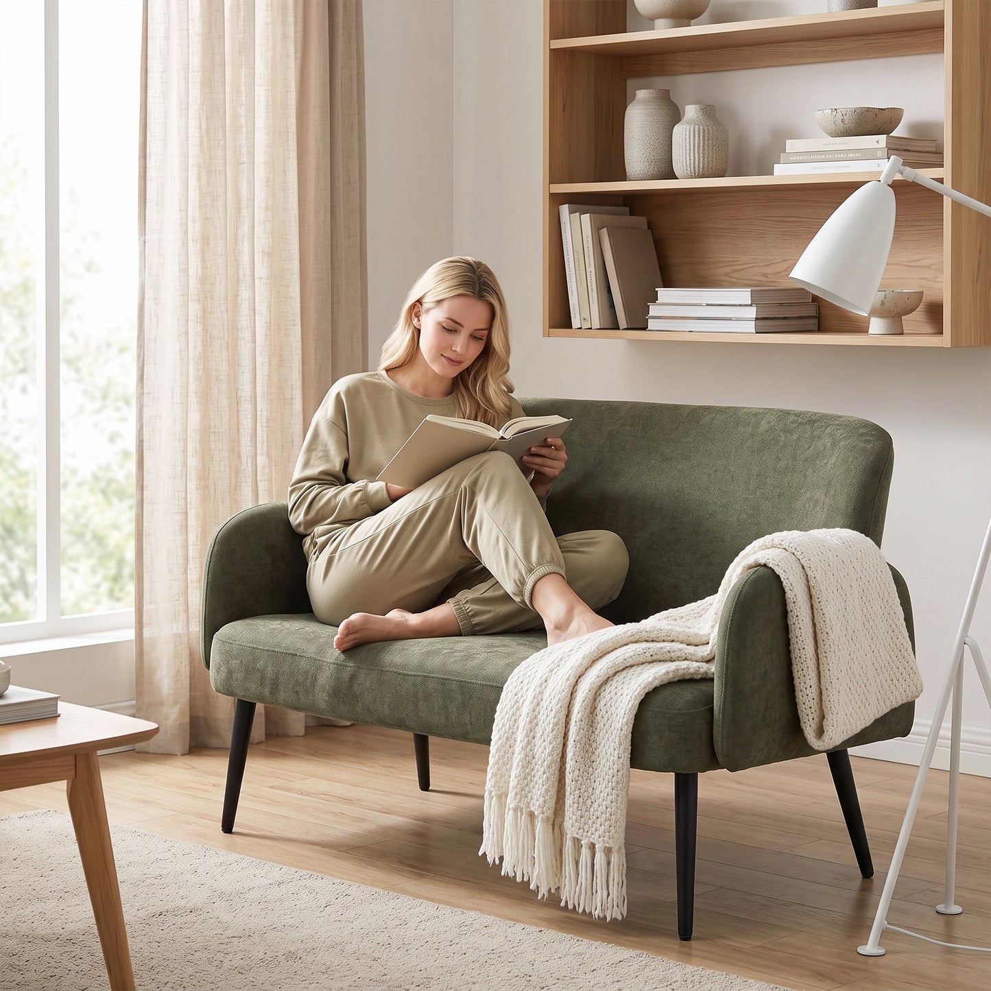 HOMCOM 132cm 2 Seater Sofa, Velvet Comfy Small Sofa Couch with Wide Seat, Thick Padding, Tapered Metal Legs, Green