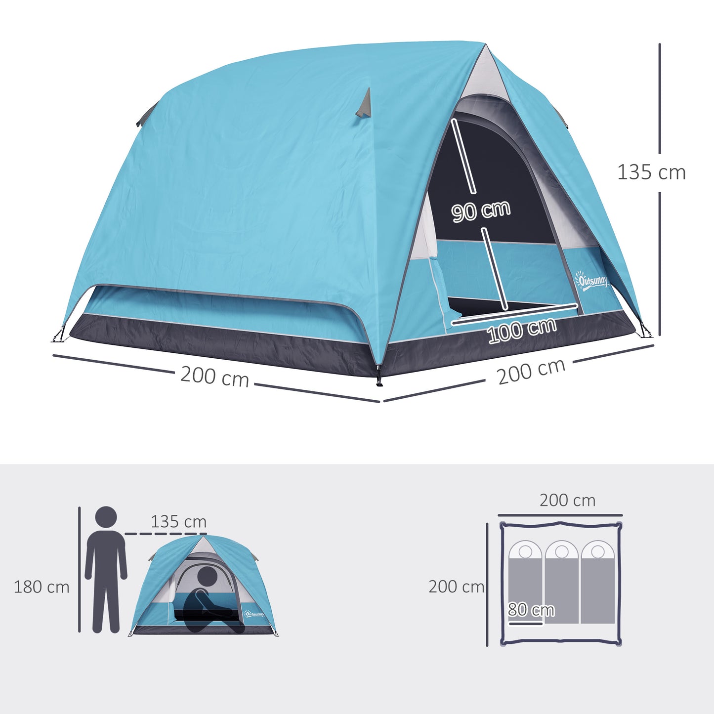 Outsunny 3-4 Person Easy Set Up Waterproof Dome Camping Tent with Groundsheet, Mesh Windows, Pocket, Hook, Navy Blue/Light Blue