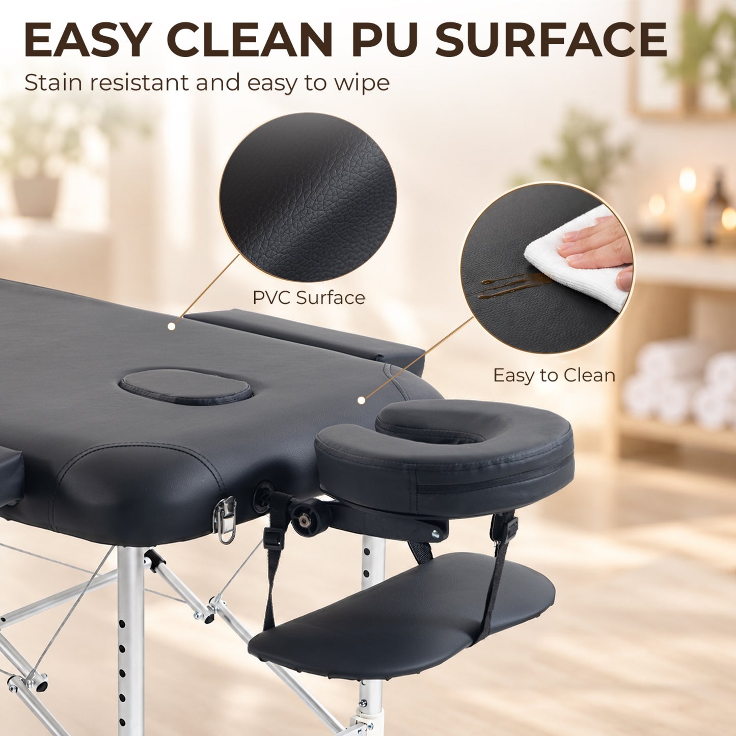 HOMCOM Foldable Massage Bed Portable Table, 3-Section Aluminium Foldable Beauty Couch with Headrest Support, 60 cm Width Black