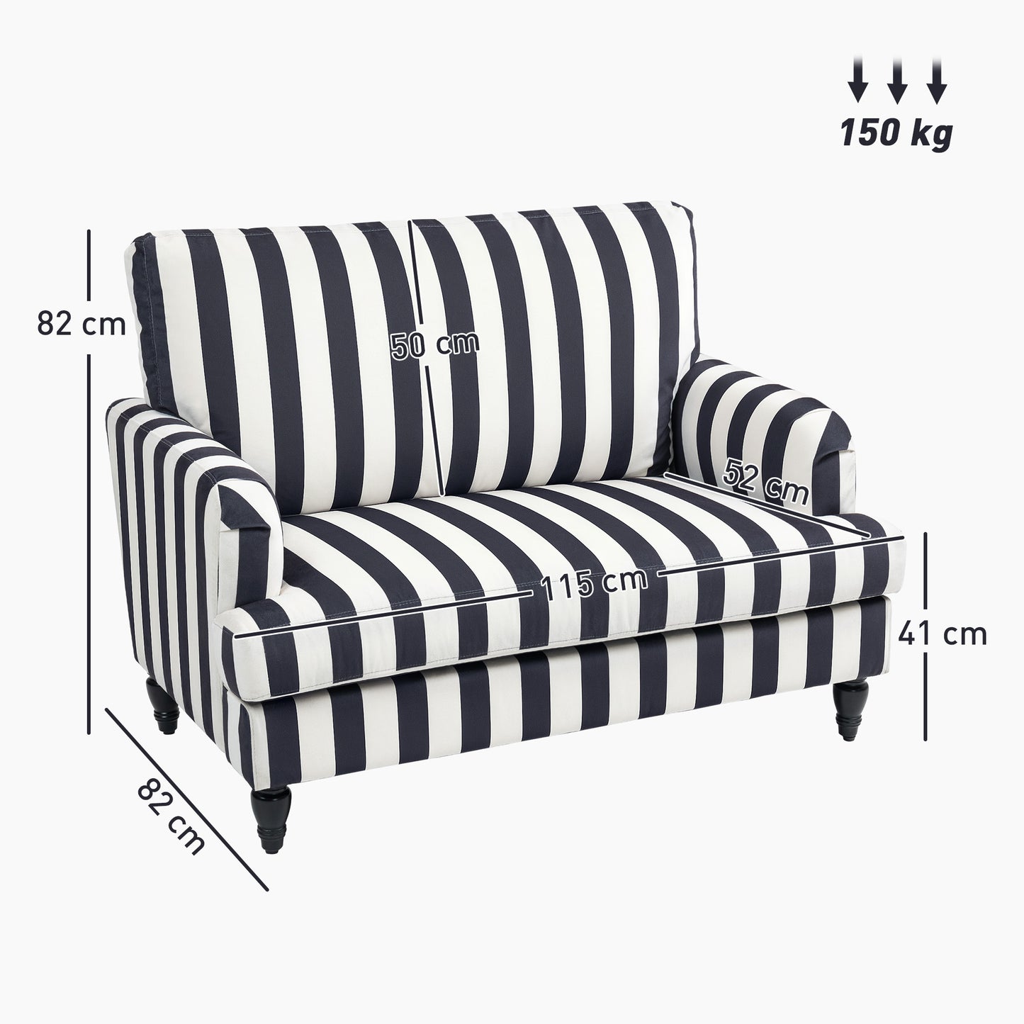 HOMCOM Modern Cuddle Chair, Velvet Single Sofa Armchair with Stripe, Turned Legs, Wide Seat, Upholstered Snuggle Chair, Black and White