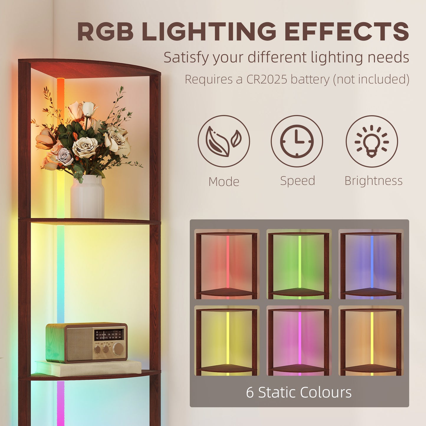 HOMCOM RGB LED Floor Lamp with Shelves, 5-Tier Dimmable Standing Lamp, Adjustable Brightness, Remote Control, Corner Shelf Unit, Brown