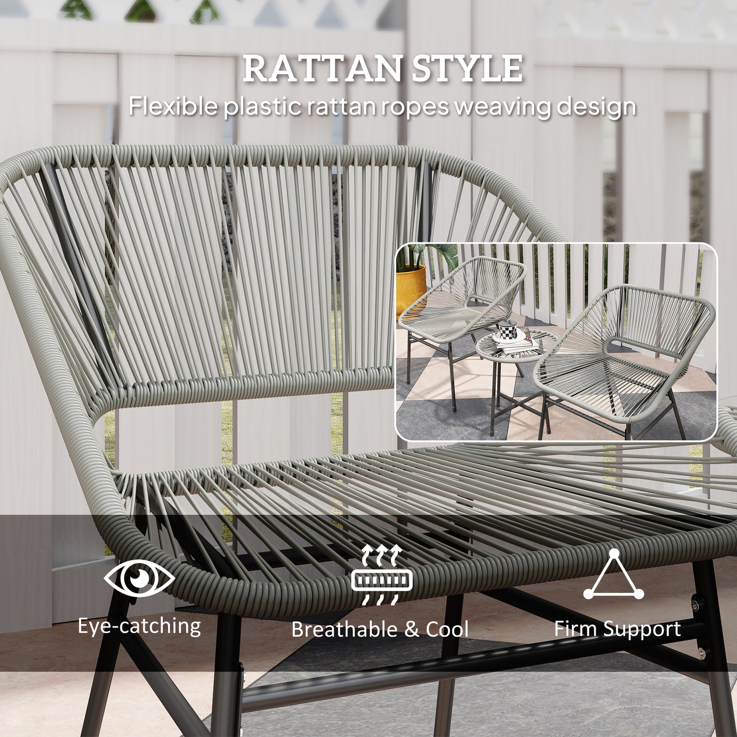 Outsunny 3-Piece Rattan Bistro Set, Garden Table & Chairs with Cushions, Glass Top, Light Grey