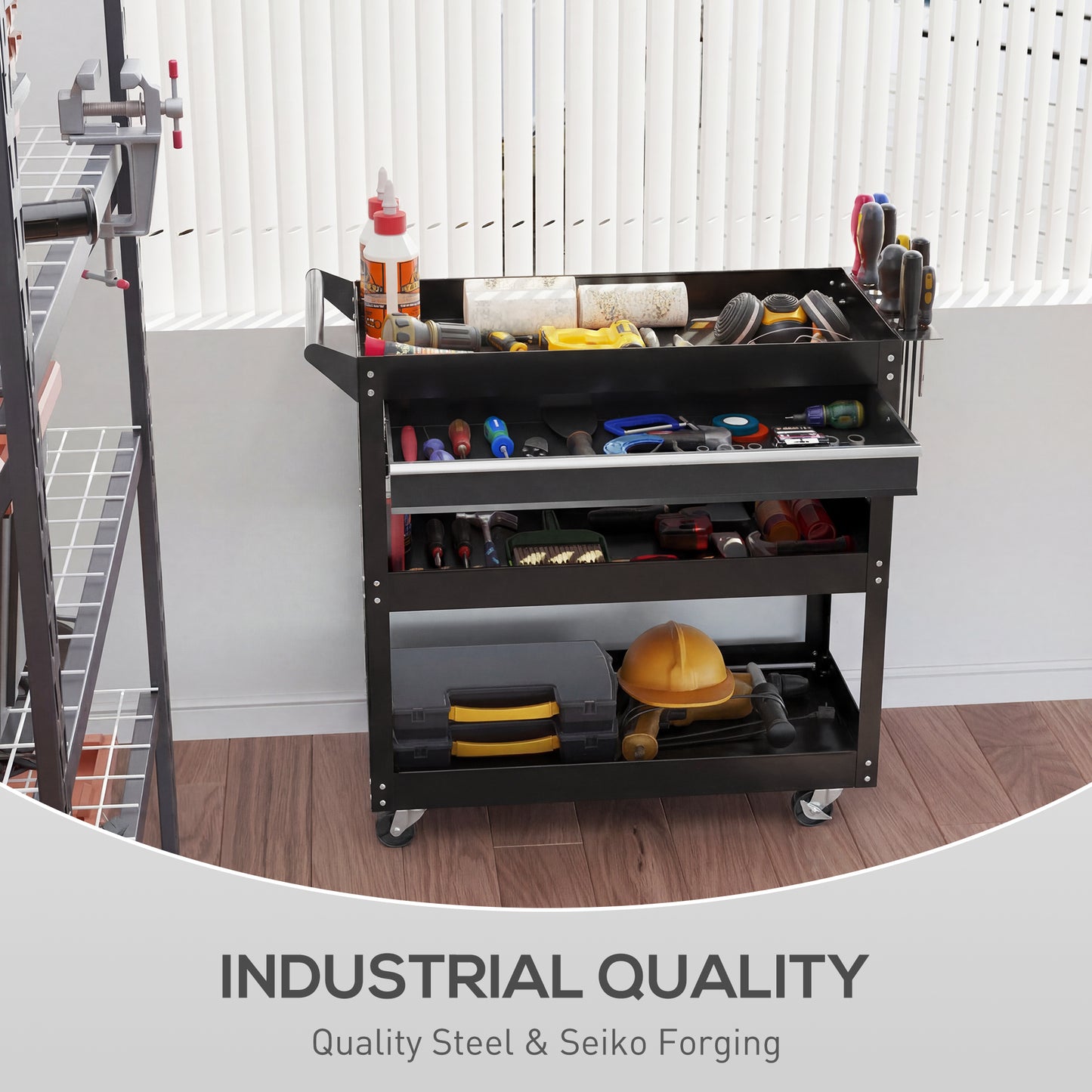 DURHAND 3-Tier Tool Trolley Cart Storage Shelf Roller Cabinet DIY Box Garage Workshop with Drawer Black