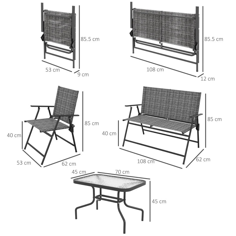 Outsunny Outdoor 4 Pieces Patio Furniture Set with Breathable Mesh Fabric Seat & Backrest, Garden Set with Two Foldable Armchairs, a Loveseat & Glass Top Table, Mixed Grey