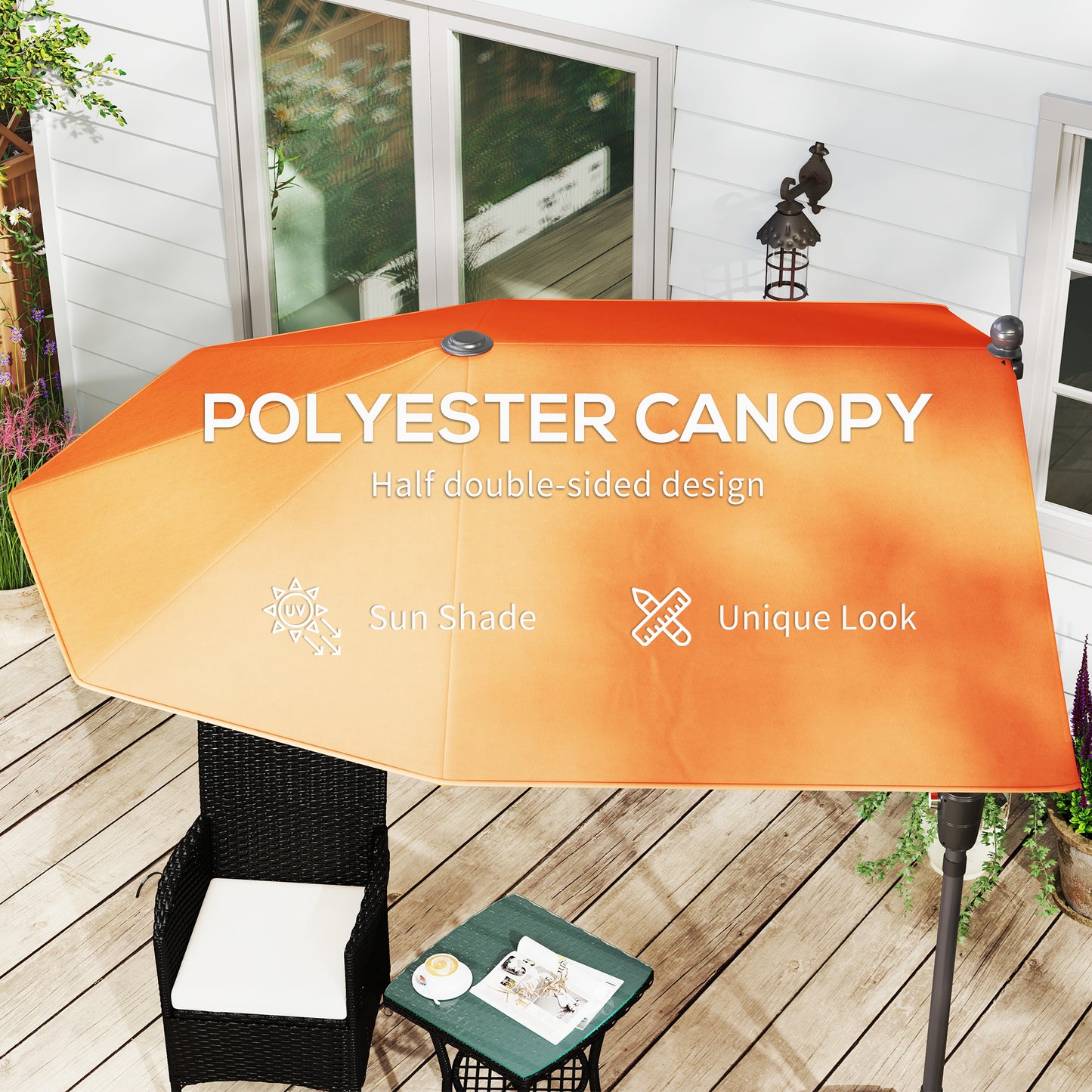 Outsunny 2m Half Parasol Market Umbrella Garden Balcony Parasol with Crank Handle, Cross Base, Double-Sided Canopy, Orange