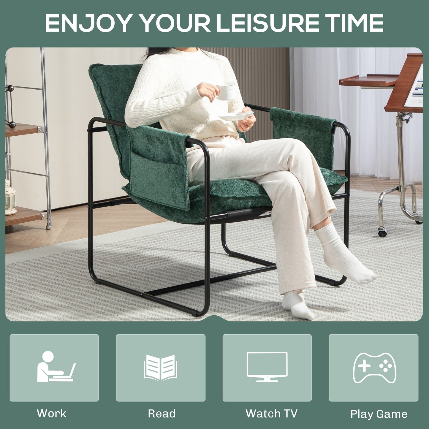 HOMCOM Minimal Padded Accent Chair, with Pockets - Green