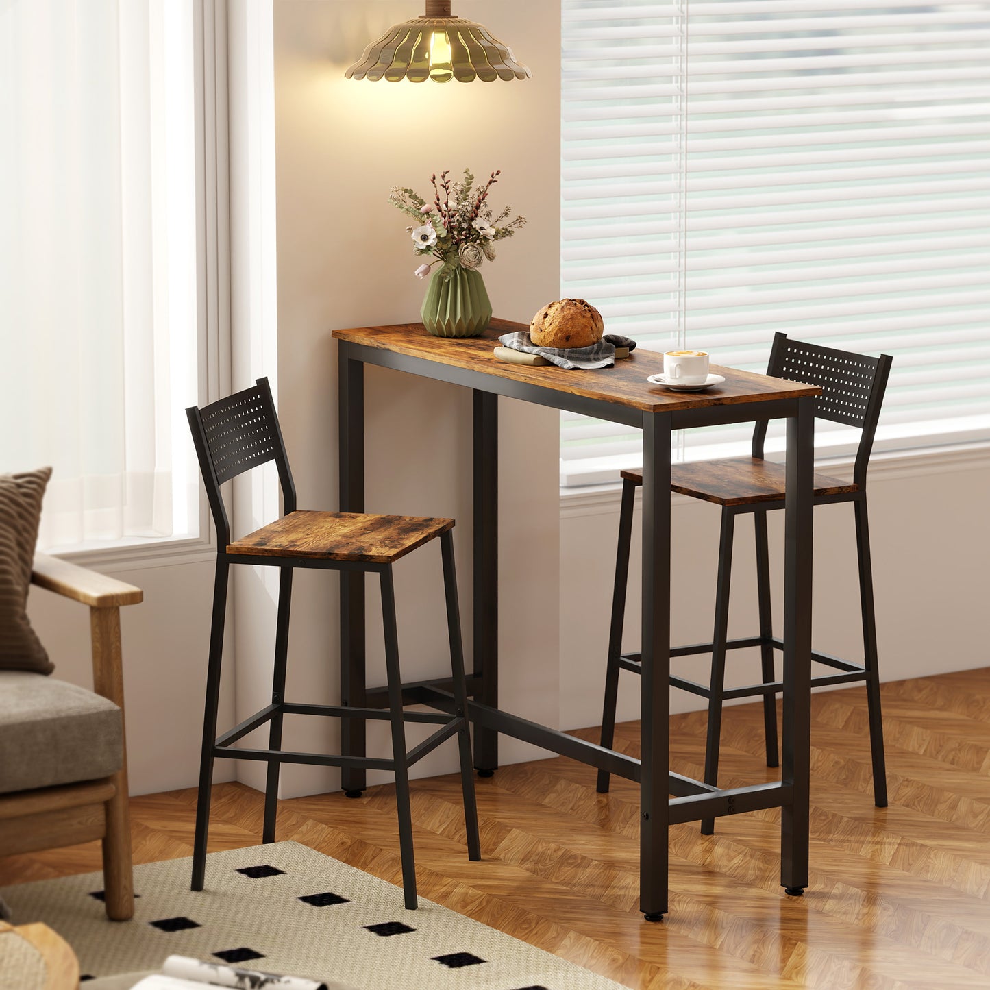 HOMCOM Rectangular Bar Table, Wood Effect Pub Coffee Table for Small Space, Breakfast Dining, Kitchen, Industrial, Rustic Brown