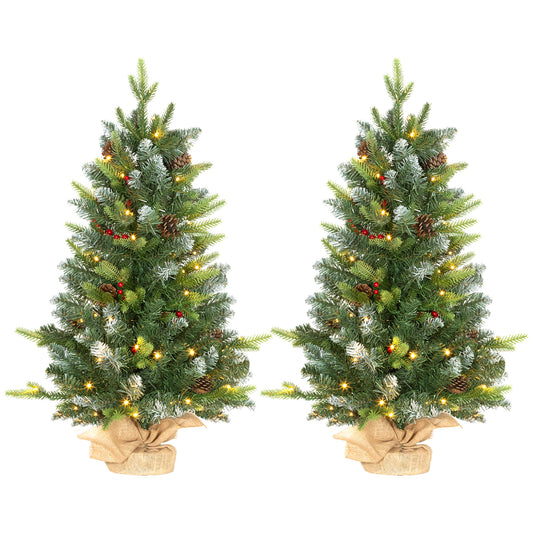 HOMCOM Set of Two 3ft Christmas Trees, with Lights, Berries and Pinecones
