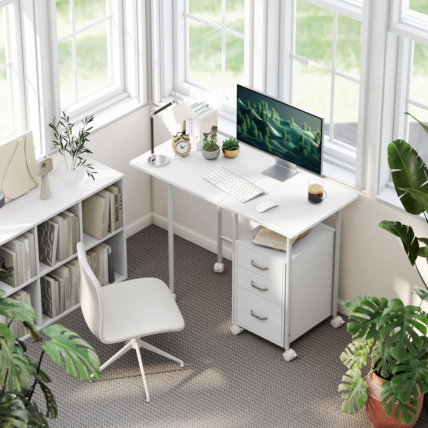 HOMCOM 105 x 51 cm Foldable Office Deskwith 3 Drawers, Extendable Top, Wheels, White