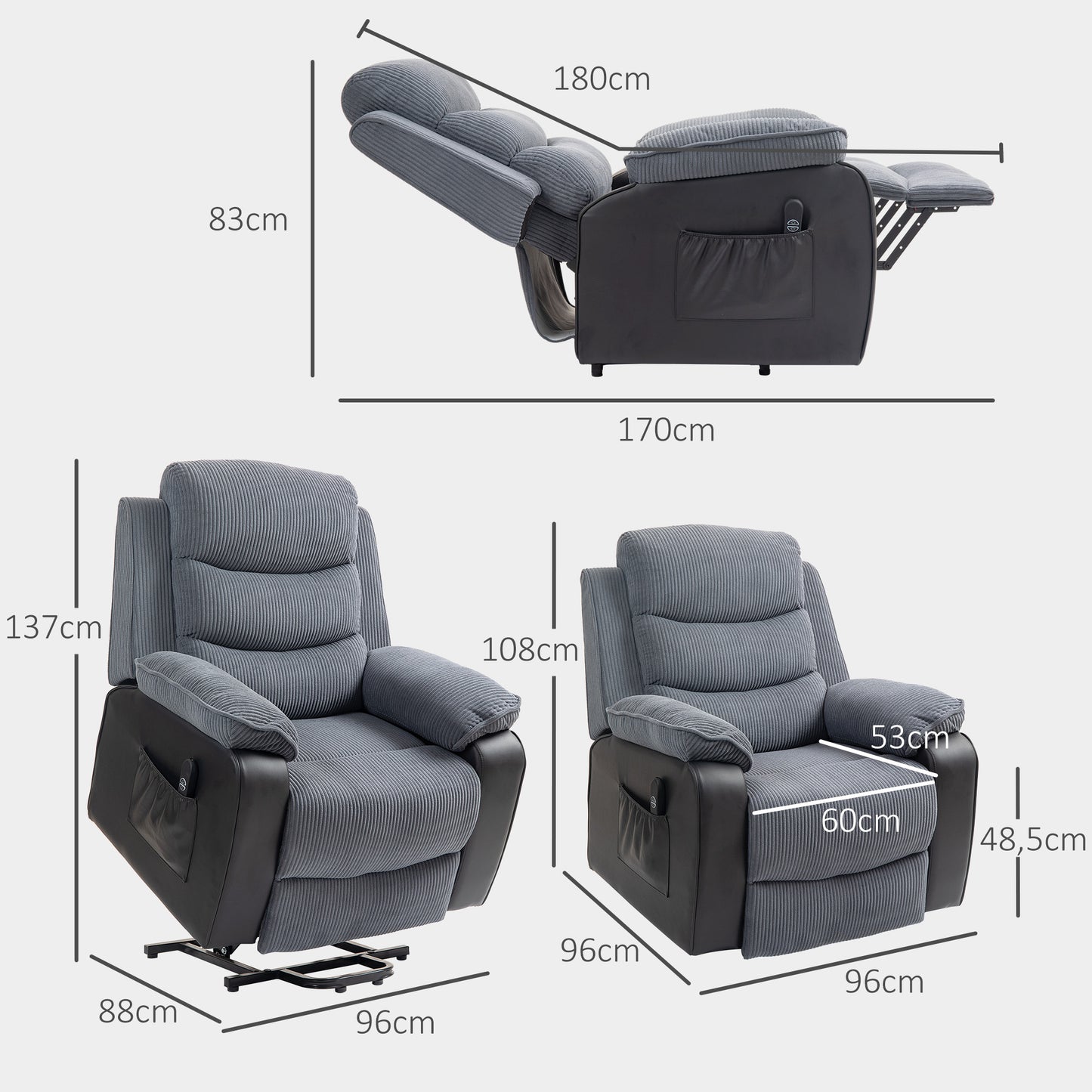 HOMCOM Power Lift Recliner Chair, Patchwork Oversized Electric Armchair, Dark Grey