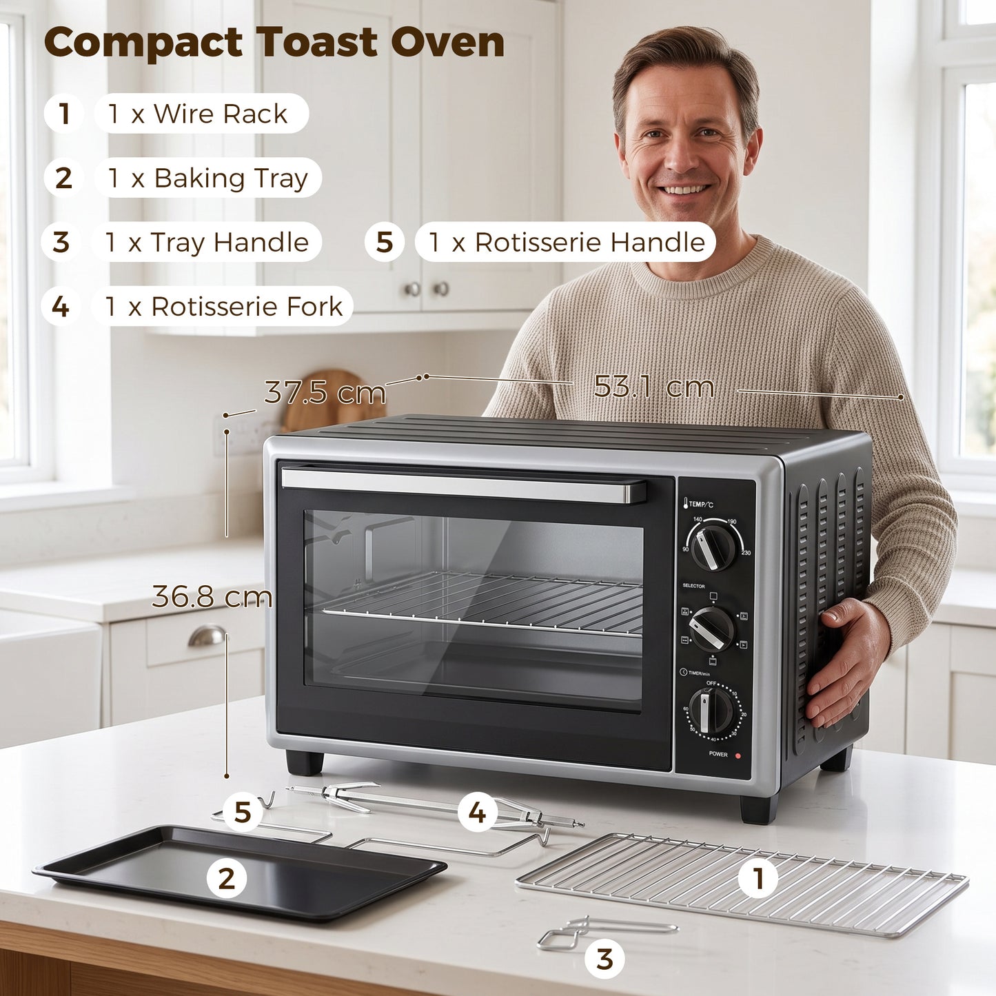 HOMCOM 36L Mini Oven with Convection, Electric Countertop Cooker with Rotisserie, 90–230°C Adjustable Temperature, 1500 W