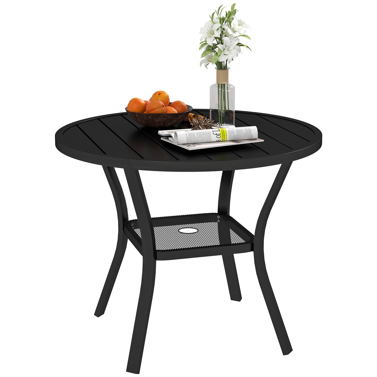 Outsunny 90 cm Round Steel Garden Dining Table with Parasol Hole, Slatted Metal Top, Wire Shelf, Black