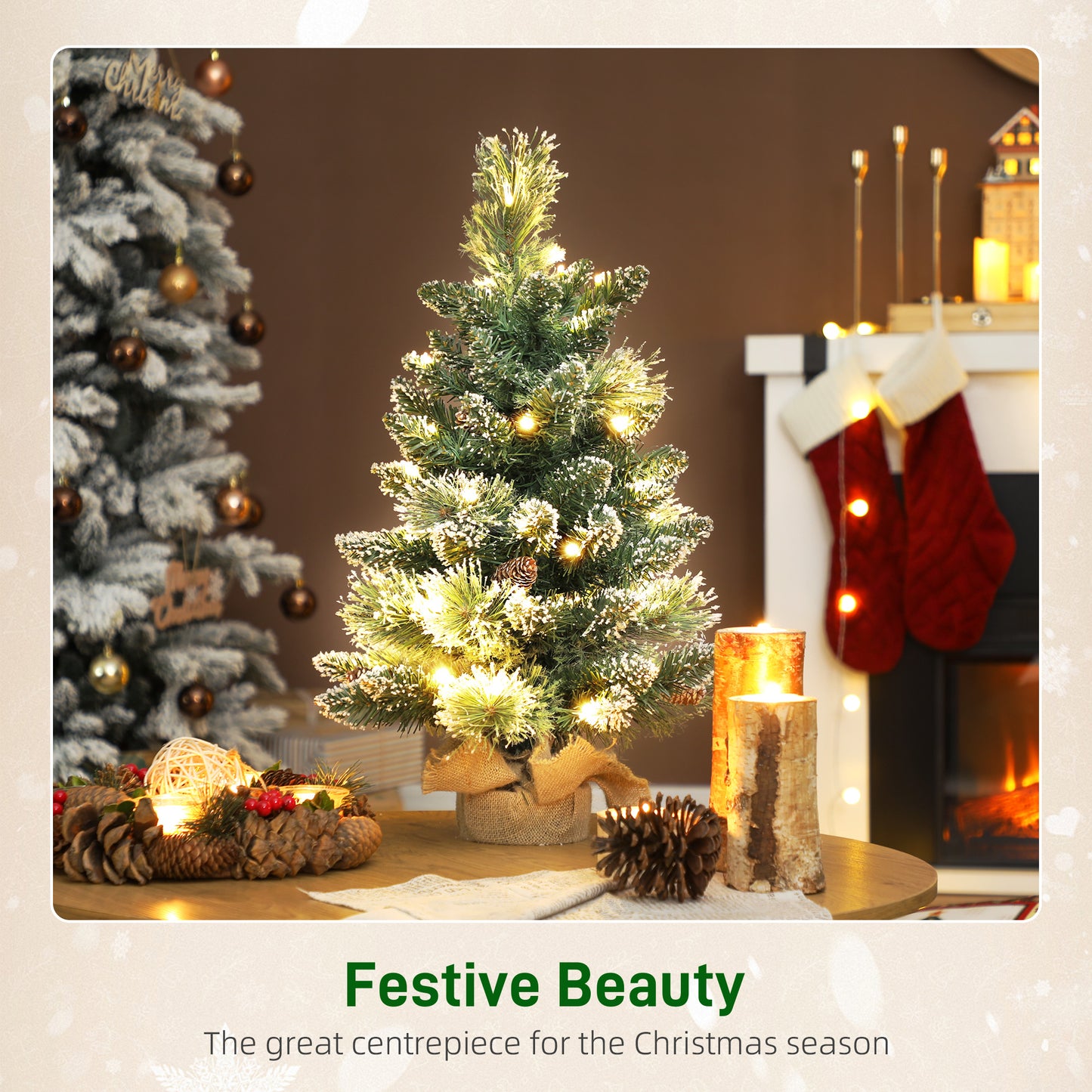 HOMCOM 60cm Prelit Christmas Tree, Snow Flocked Tabletop with 35 LED Lights, Pine Cones, Linen Base, Battery Operated, Green