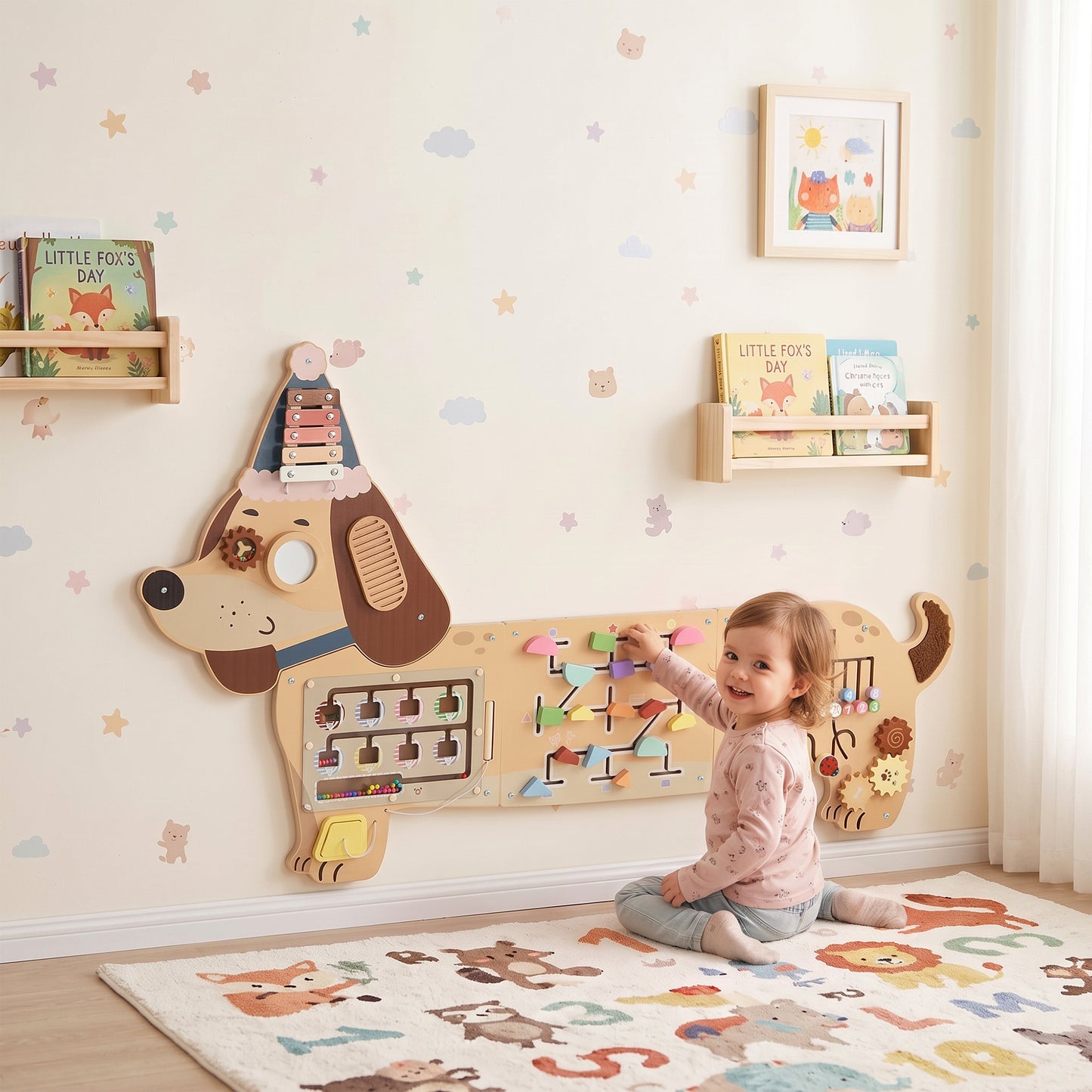 AIYAPLAY Montessori Inspired Busy Board, Wooden Dachshund Sensory Wall Panel for kids Touch, Feel & Learn, Classroom, Playroom