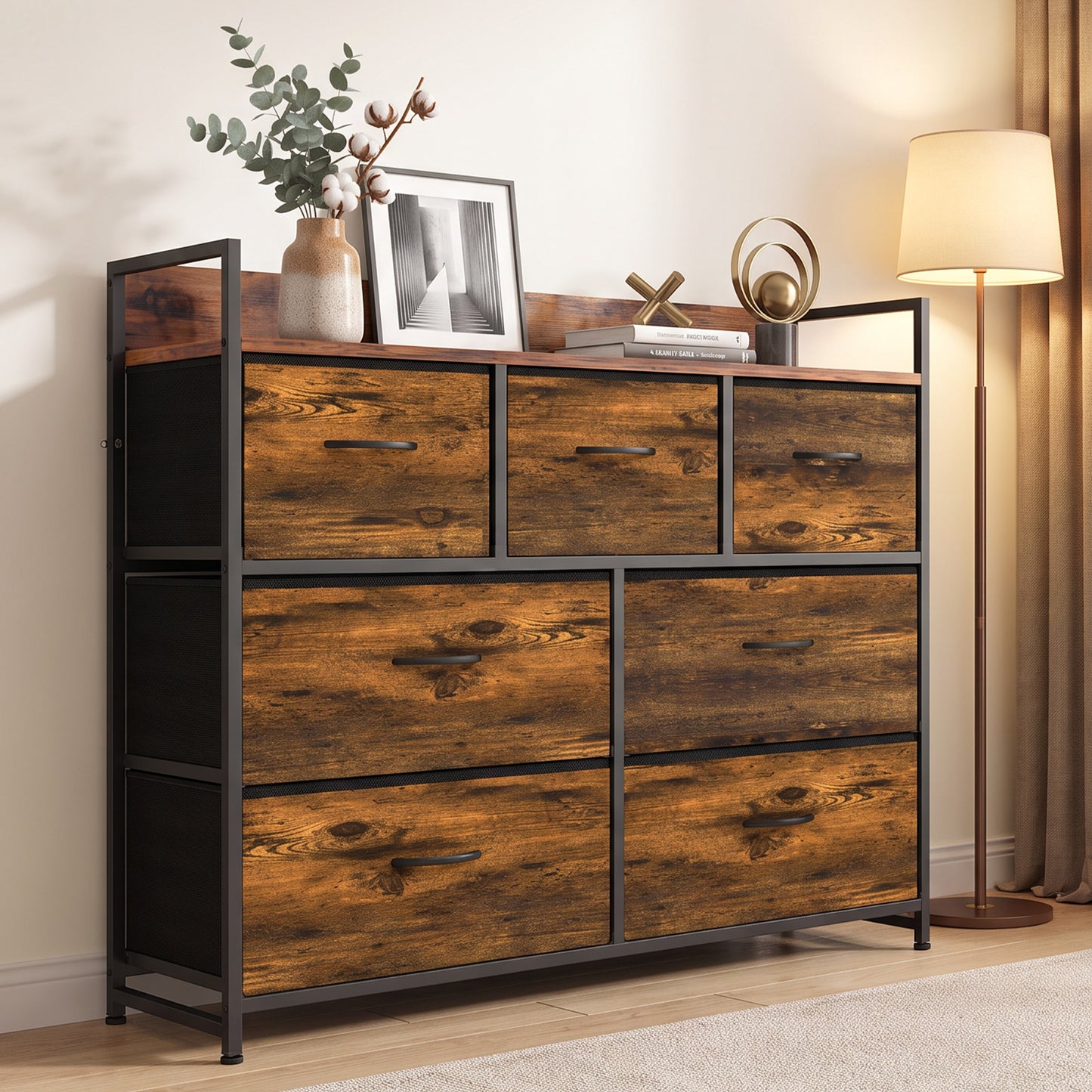HOMCOM Chest of Drawers with 7 Drawers, Industrial Fabric Storage Unit with Top Shelf and Steel Frame for Bedroom, Rustic Brown