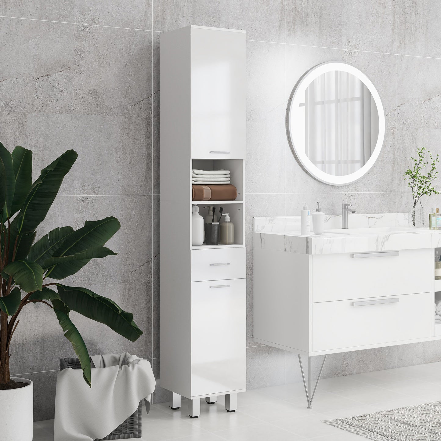kleankin Slim 71" Bathroom Storage Cabinet with Drawer, Shelves, 2 Doors, Adjustable Shelves for Kitchen, Hallway, Living Room, High Gloss White