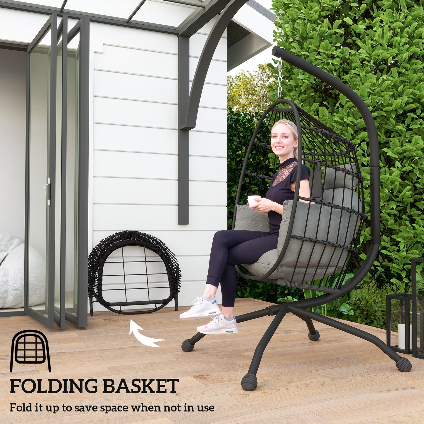 Outsunny Hanging Egg Chair: Indoor/Outdoor Swing with Stand, Cushion, Headrest, Cup Holder, Dark Grey