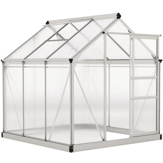 Outsunny Polycarbonate Greenhouse, Large Walk-In Green House with Slide Door and Window, Aluminium Frame, 6x6ft, Silver Tone