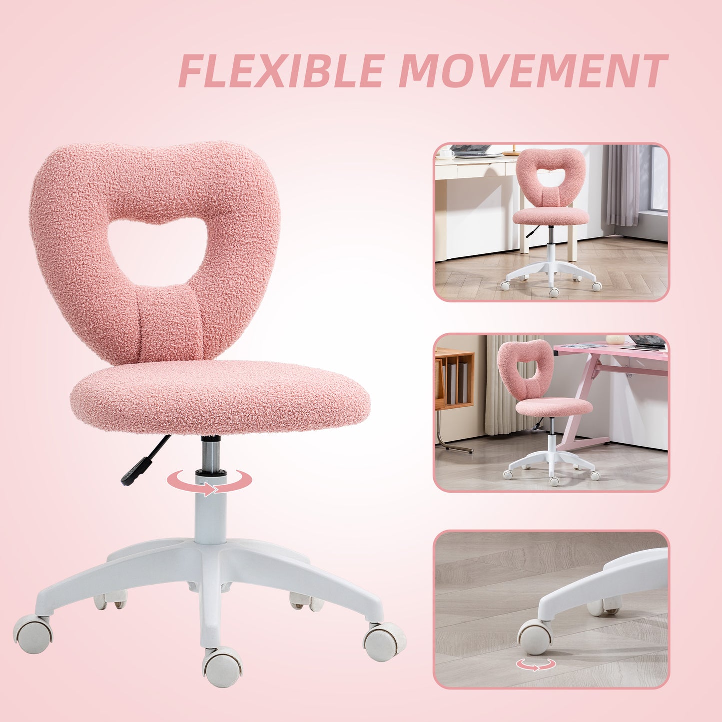 HOMCOM Armless Heart Computer Desk Chair, Teddy Fleece Swivel Office Chair with Height Adjustable, Wheels, for Home Study, Pink