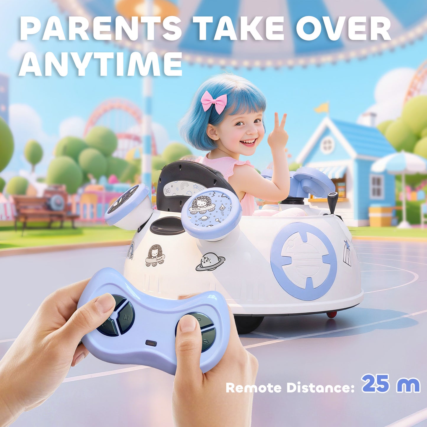 AIYAPLAY Hello Kitty Kids Ride on Bumper Car with Remote Control, Two Joysticks, Music, Lights, Safety Belt, White