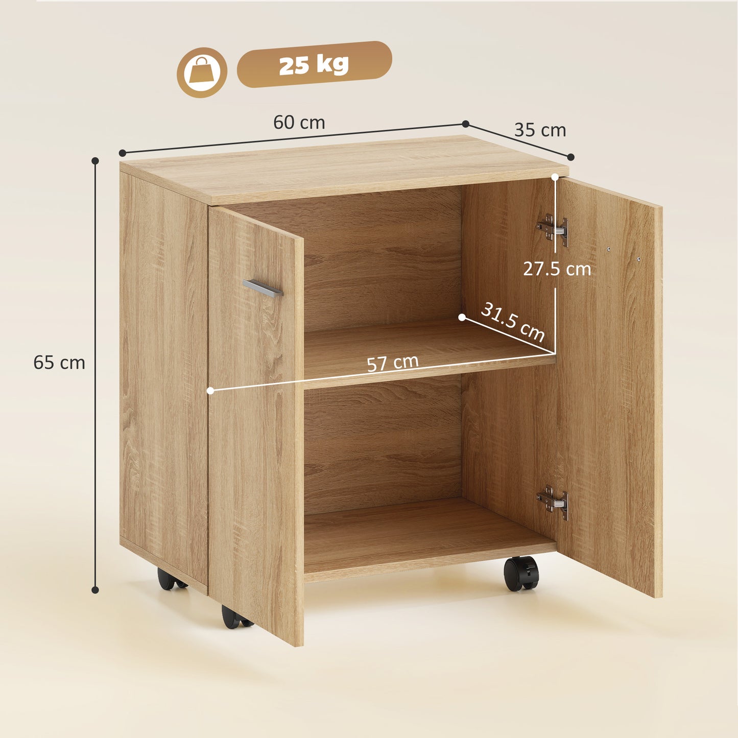 HOMCOM Mobile Sideboard Cabinet with 2 Doors and Internal Shelves for Living Room, Bedroom, 60L x 35W x 65H cm, Natural Wood
