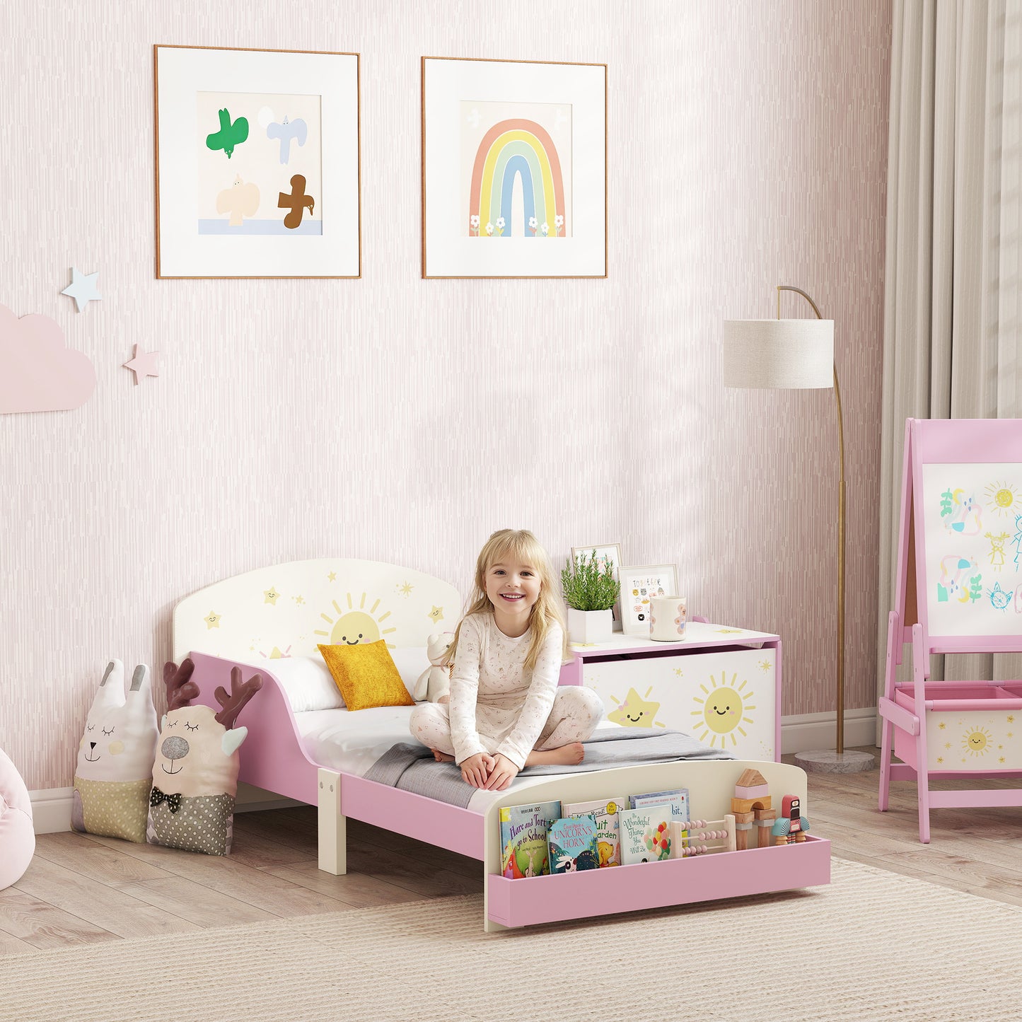 AIYAPLAY Toddler Bed with Storage, Guardrails, Sun Design, for Ages 3-8 Years, Fits 140 x 70cm Mattress,
