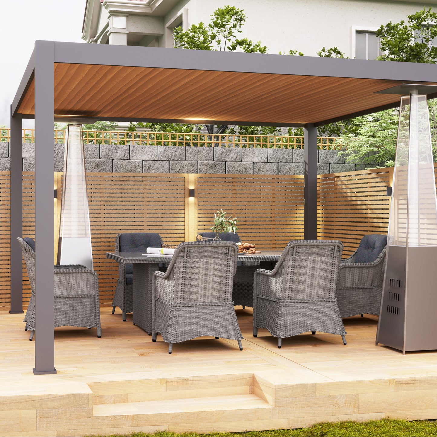 Outsunny 6-Seater Rattan Dining Set, Round PE Rattan Furniture, Aluminum Table, 6 Armchairs with Cushions, Rectangular Glass Top, Grey