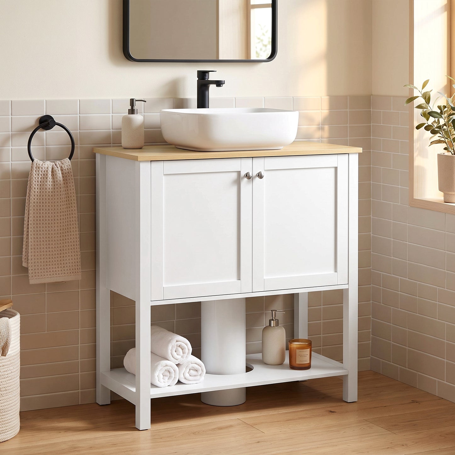 HOMCOM Under Sink Bathroom Cabinet with 2 Doors, Open Shelf and U-Shape Cut-Out for Basin with or without Pedestal, White