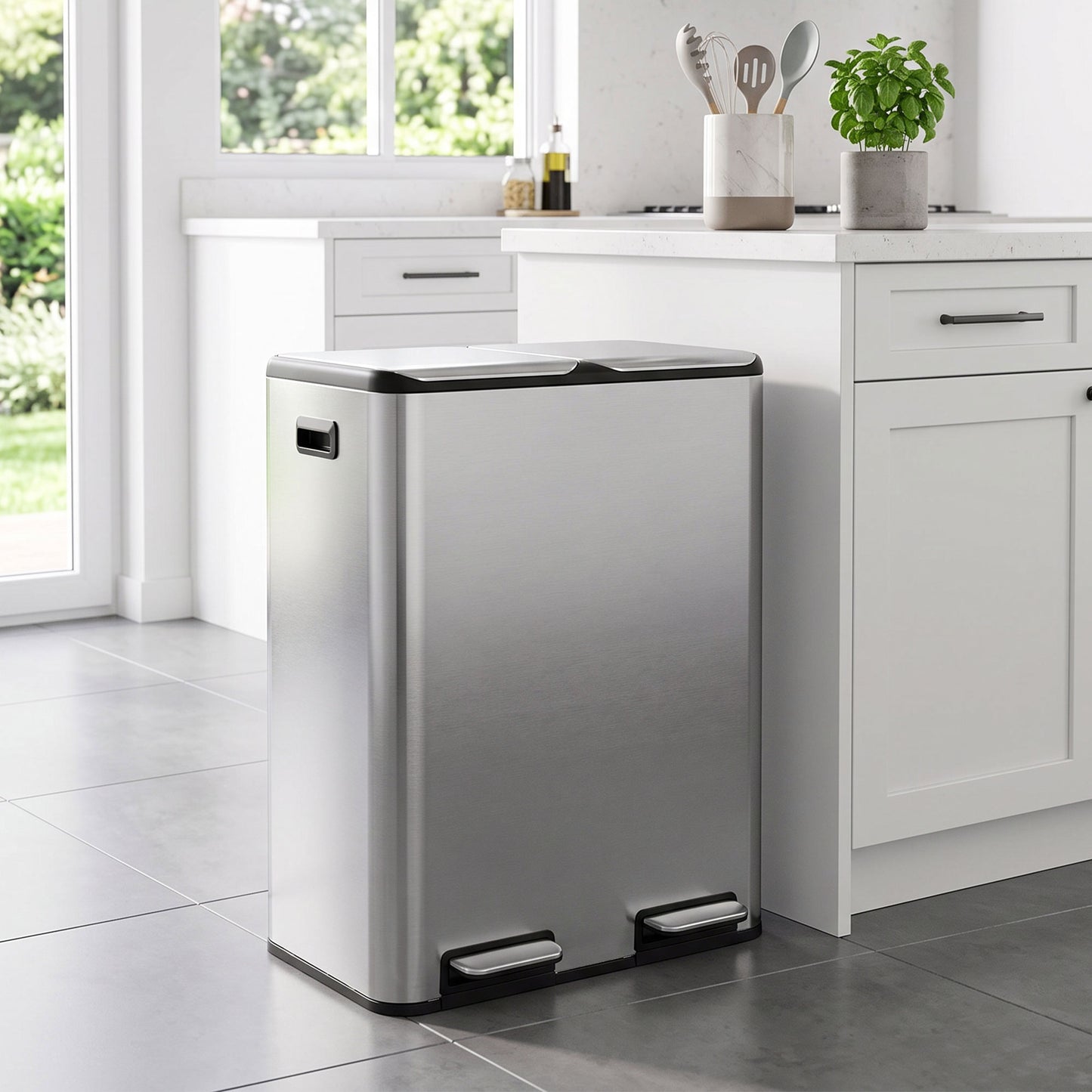 HOMCOM 2 x 30L Double Kitchen Bin, Stainless Steel Pedal Rubbish Bin with Dual Compartments, Soft Close Lids, Silver Tone