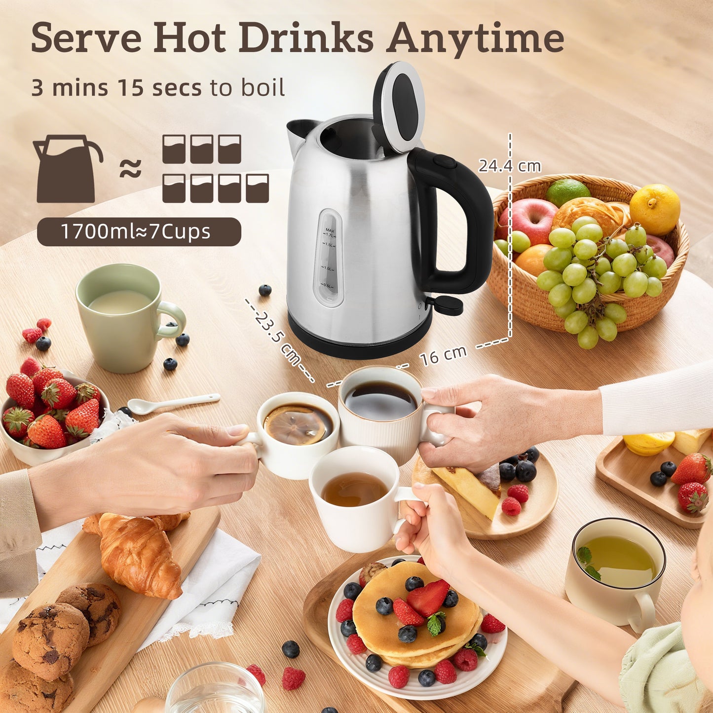 HOMCOM Kettle & Toaster Set, 1.7L 3000W Rapid Boil, Strix Thermostat, Limescale Filter, 4 Slice Toaster, 7 Browning Levels, Crumb Tray, Silver Tone