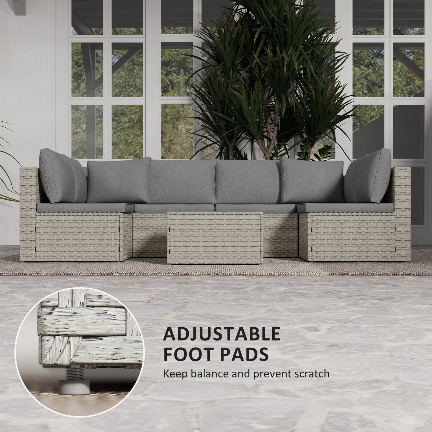 Outsunny 7-Piece Rattan Garden Furniture Set, 6-Seater Corner Sofa, Cushions, Glass Table, Outdoor Sectional for Patio, Light Brown