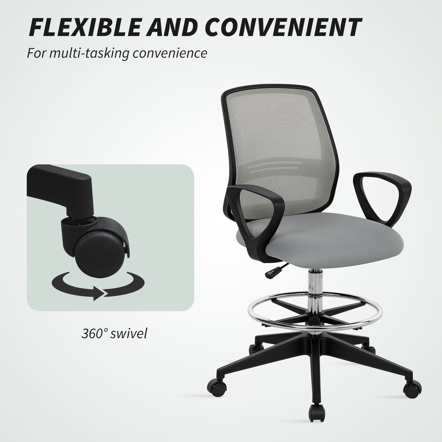 Vinsetto 100-120cm Draughtsman Office Chair, with Footrest - Light Grey
